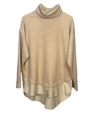 Beige turtleneck sweater with layered design on a white background