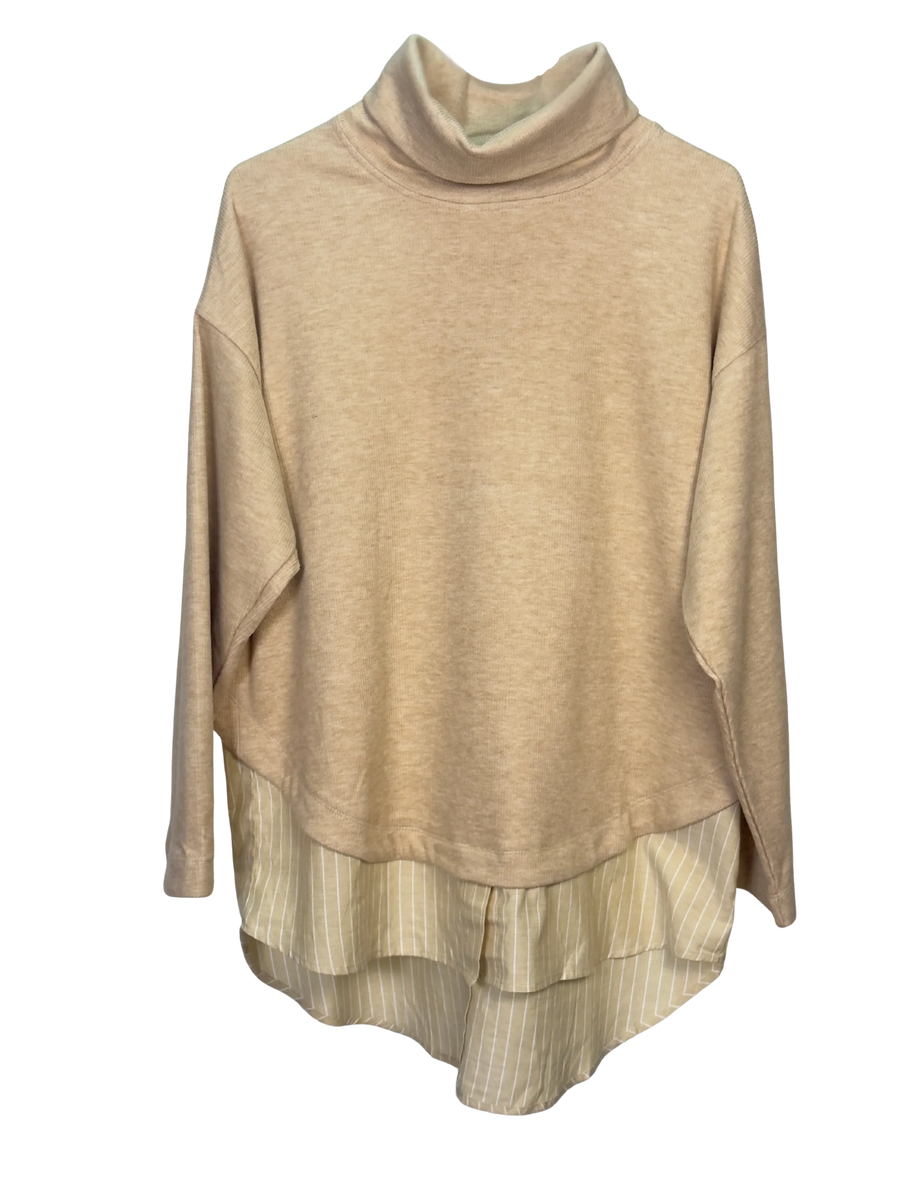 Beige turtleneck sweater with layered design on a white background