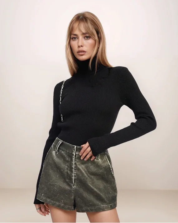 Woman wearing a black turtleneck and denim shorts against a plain background