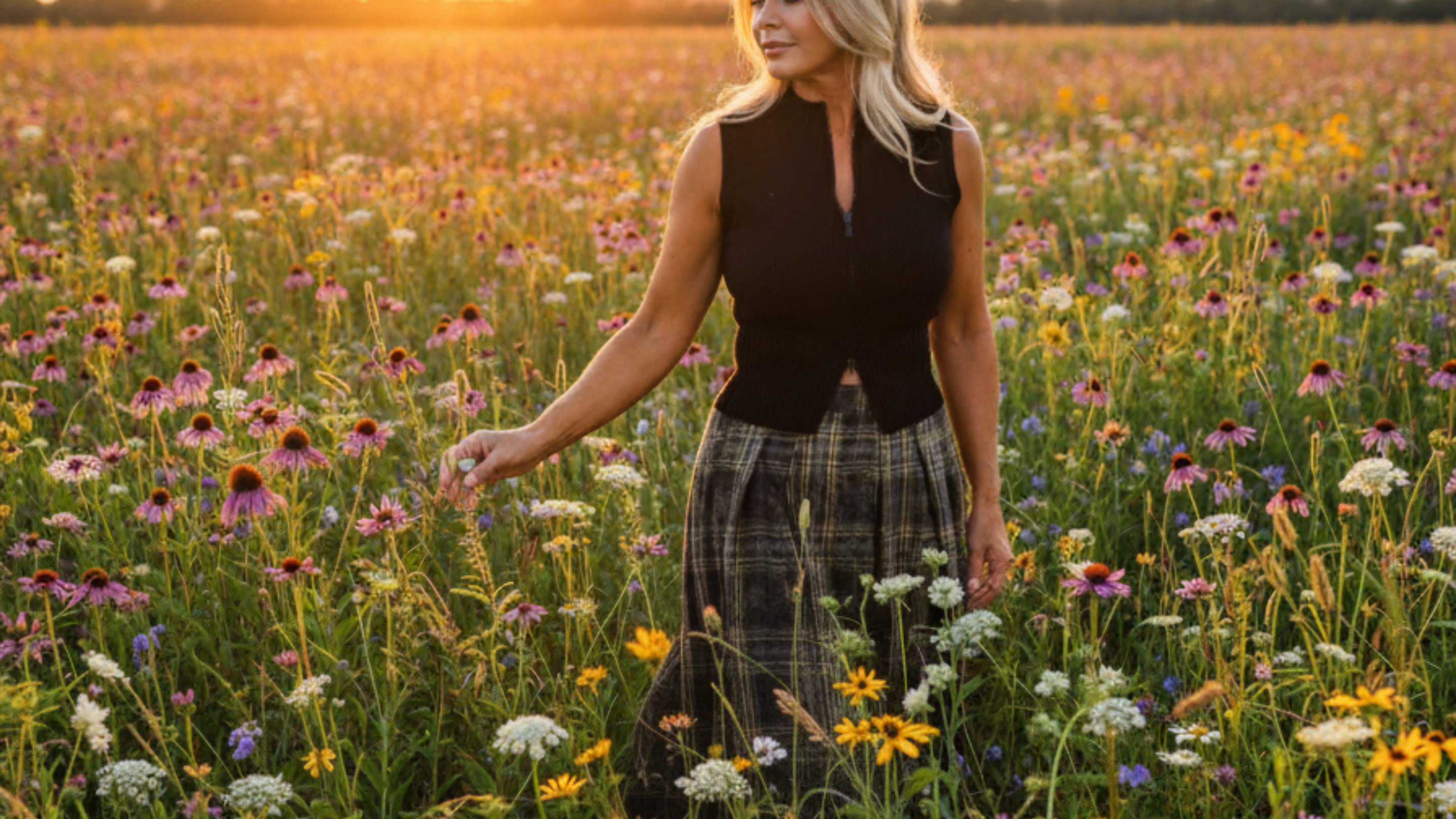 blonde woman standing in a field of wildflowers wearing a black sleeveless sweater vest that zips in the front and a plaid skirt