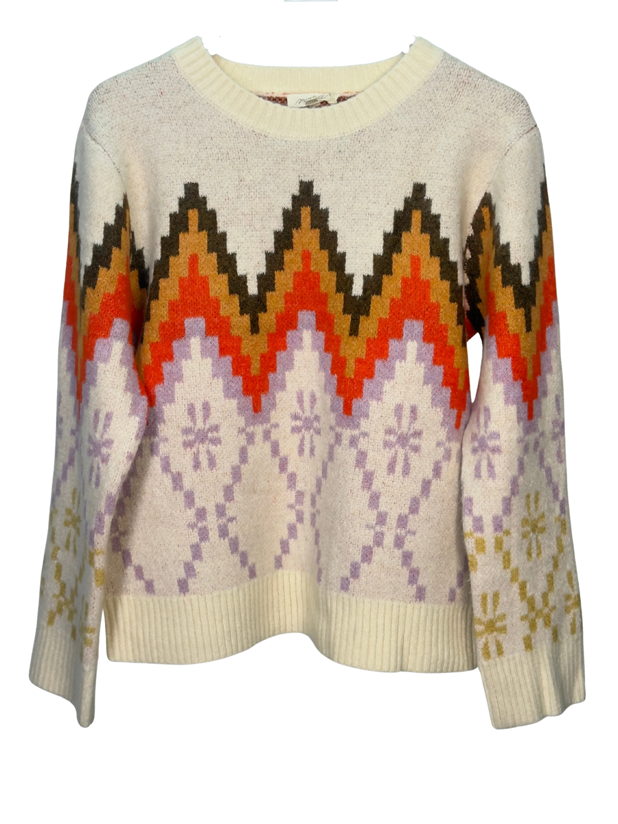 Sweater with a colorful geometric pattern on a white background