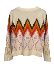 Beige sweater with colorful geometric pattern on a white background