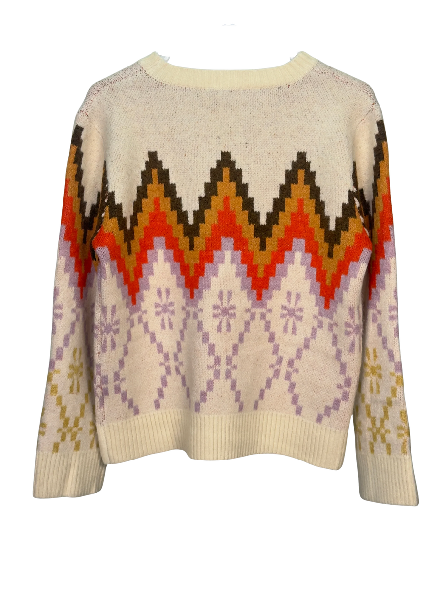 Beige sweater with colorful geometric pattern on a white background