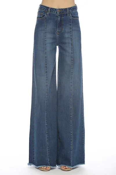 Dark blue denim wide-leg jeans on a white background