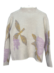 cream colored sweater with pink, tan and grey flowers