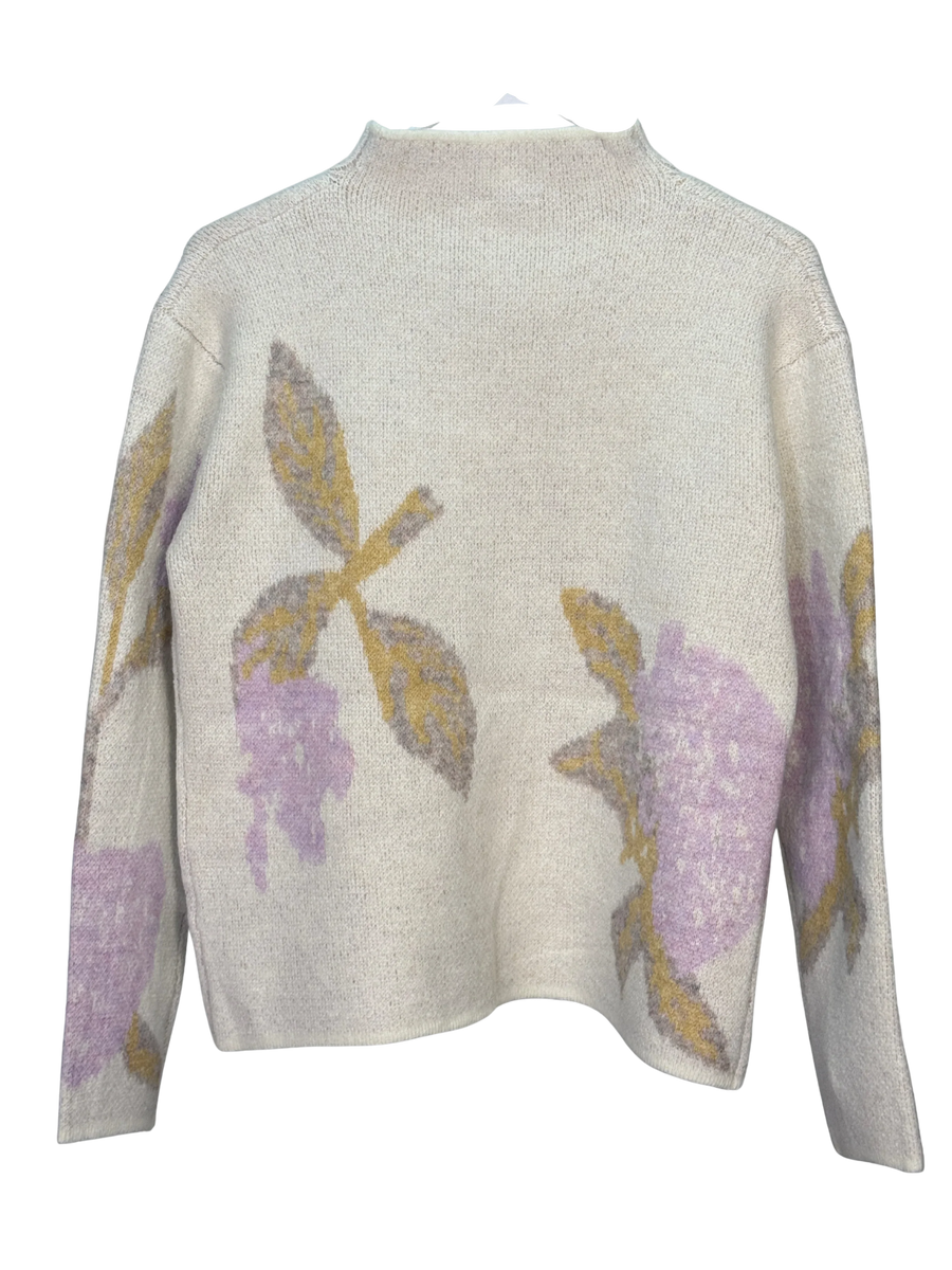 cream colored sweater with pink, tan and grey flowers