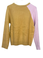 Two-tone sweater with camel on back and left sleeve and pink on the right sleeve on a white background