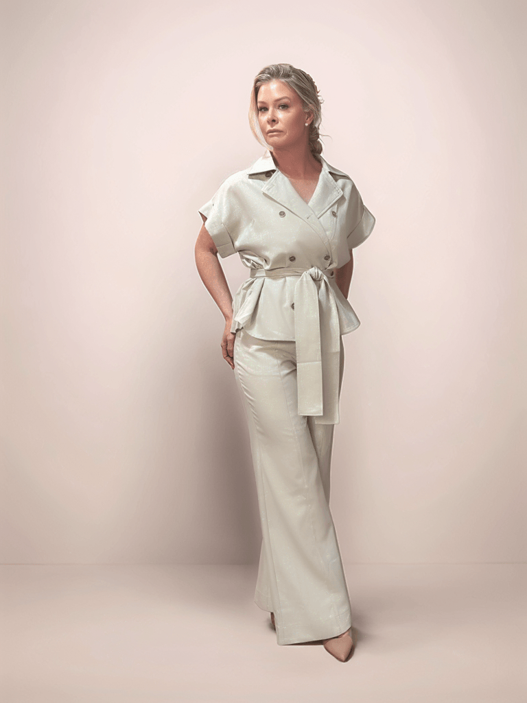 A blonde woman is wearing a matching two piece set in a beige color that features a pair of boot cut trousers and a belted double breasted jacket.