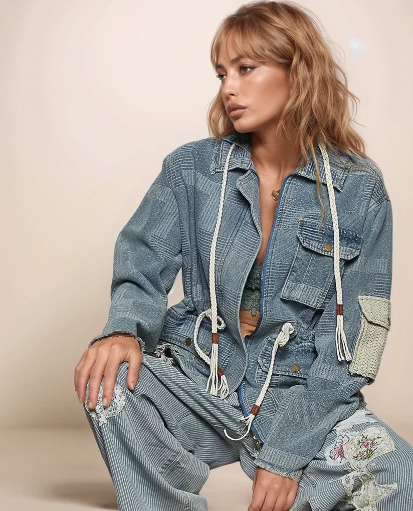 Woman wearing a denim outfit with embroidered details on a beige background