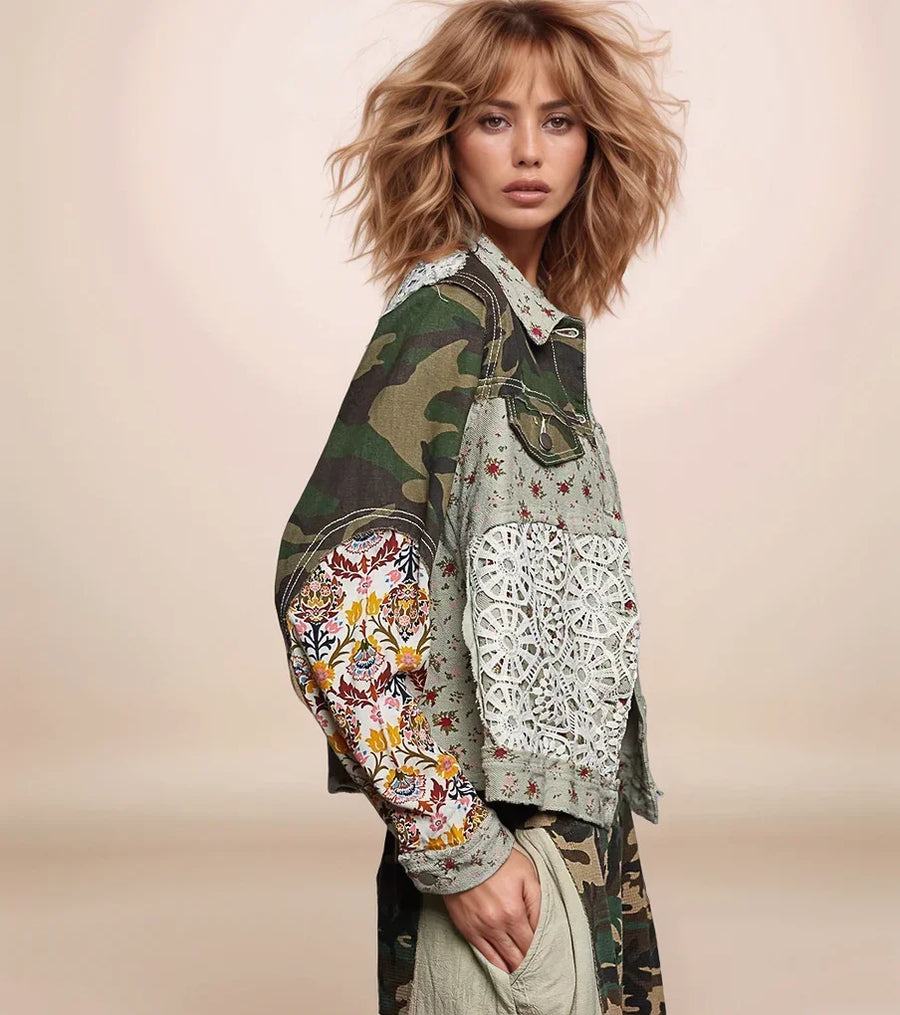 Woman wearing a unique jacket with floral and lace patterns on a beige background