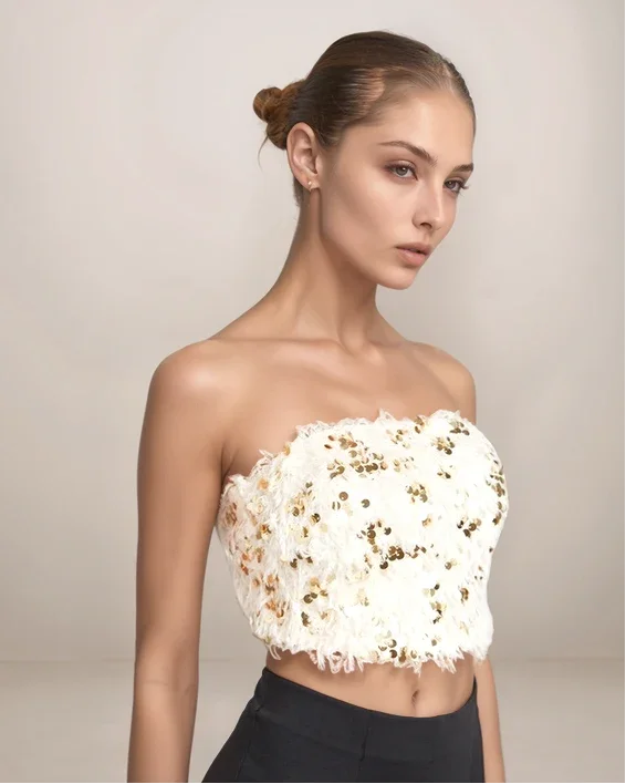 Woman wearing a white strapless top with gold embellishments against a plain background