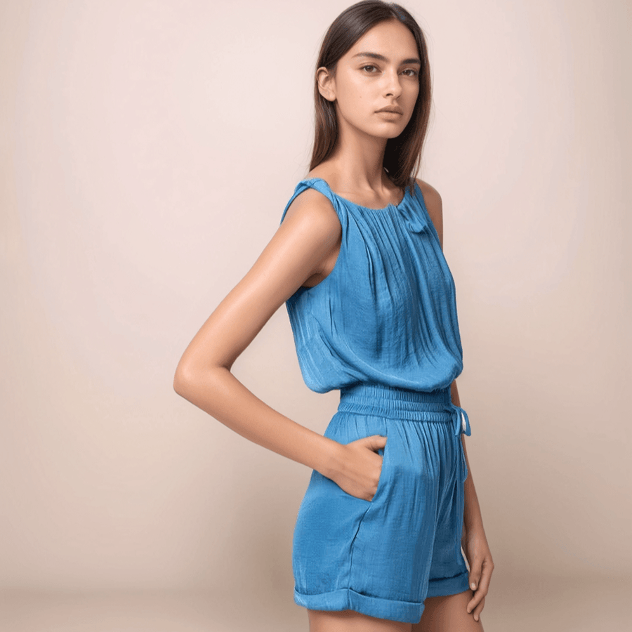 Twisted Shoulder Romper With Elastic Waist - Peripety Boutique