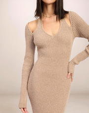 Beige ribbed knit dress worn by a person on a plain background