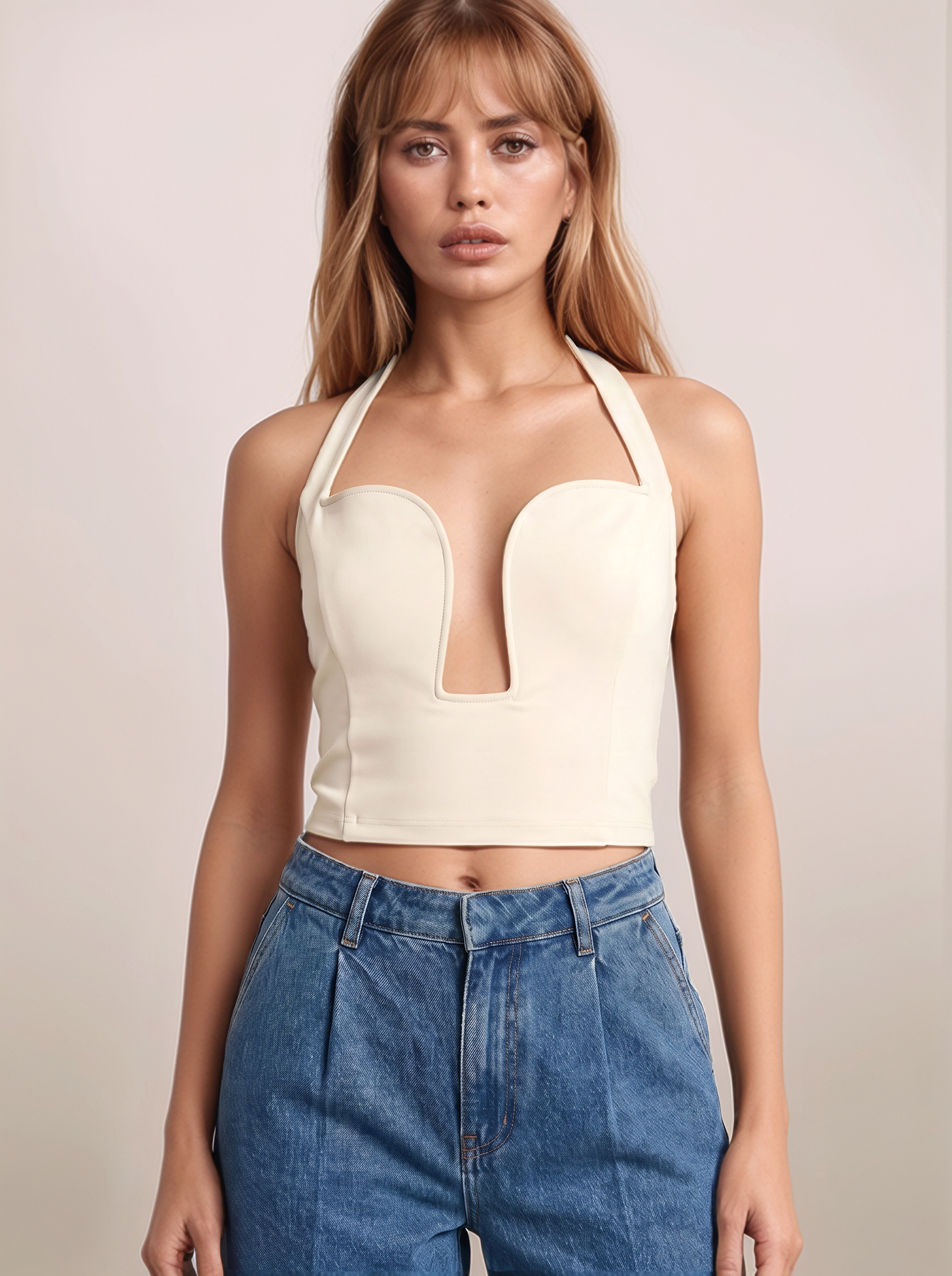 Halter Neck Cutout Top front view in cream with halter neckline and statement front cutout