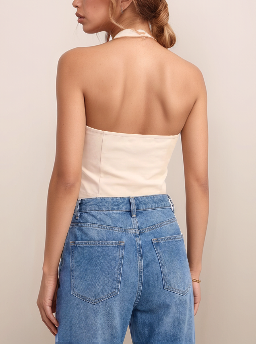 Halter Neck Cutout Top back view in cream with open shoulders and clean fitted silhouette
