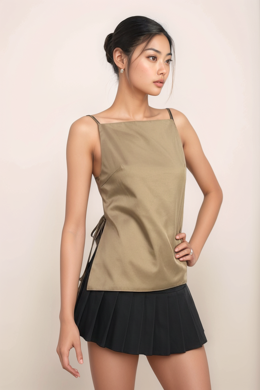 Angled front view of the Aria spaghetti strap satin top highlighting the clean square neckline and fluid drape.