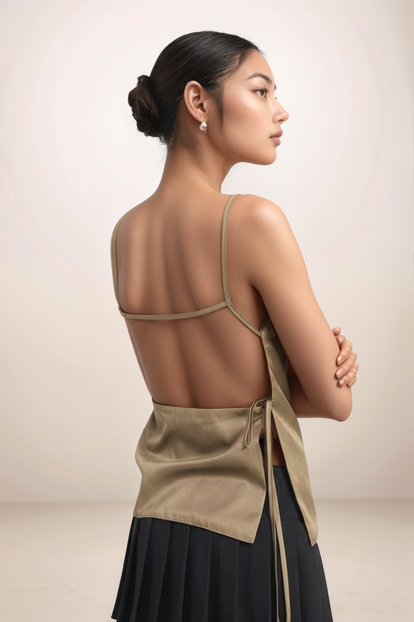 Angled back view of the Aria backless satin top featuring the adjustable side ties and minimalist silhouette.