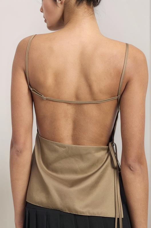 Back view of the Aria satin cami showcasing the dramatic open back design with adjustable side tie detail.