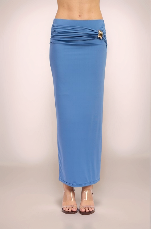Front view of the blue Aurelia maxi skirt, showcasing the smoothing nylon-spandex fit and the elegant side-ruching that gathers at the left hip.