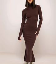 Brown long-sleeve dress with a fitted silhouette on a white background