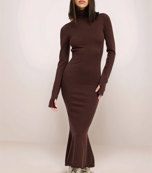 Brown long-sleeve dress with a fitted silhouette on a white background