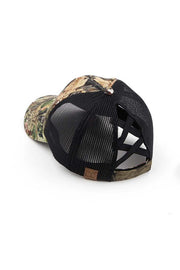 Camouflage baseball cap with black mesh back on a white background