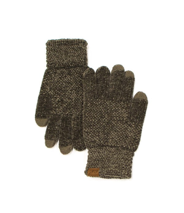 Pair of olive knit gloves on a white background