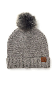 Gray knit beanie with a pom-pom on a white background