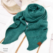 Teal scarf with a brand logo on a light background