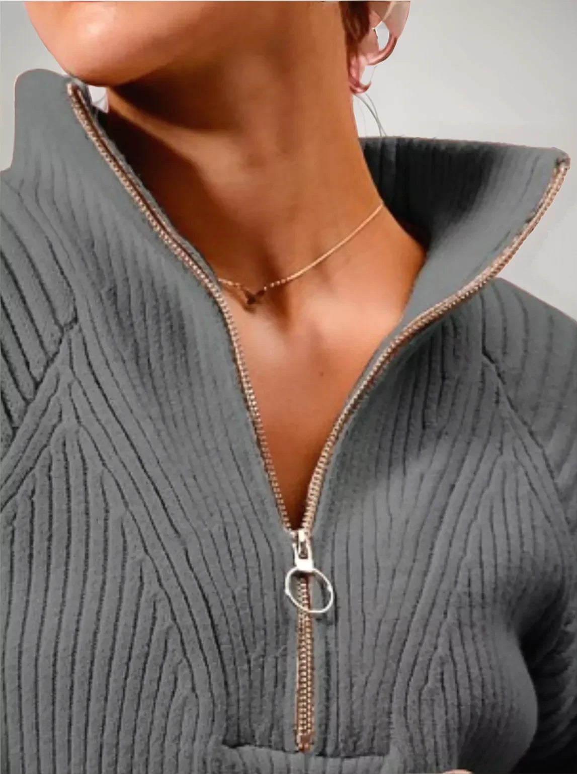 Gray zip-up sweater with a close-up of the zipper and neckline.