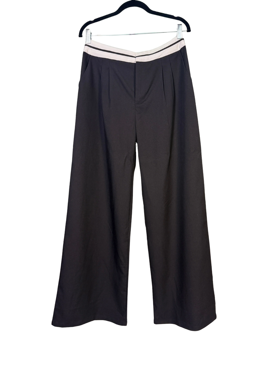 black pants with a white waistband on a white background