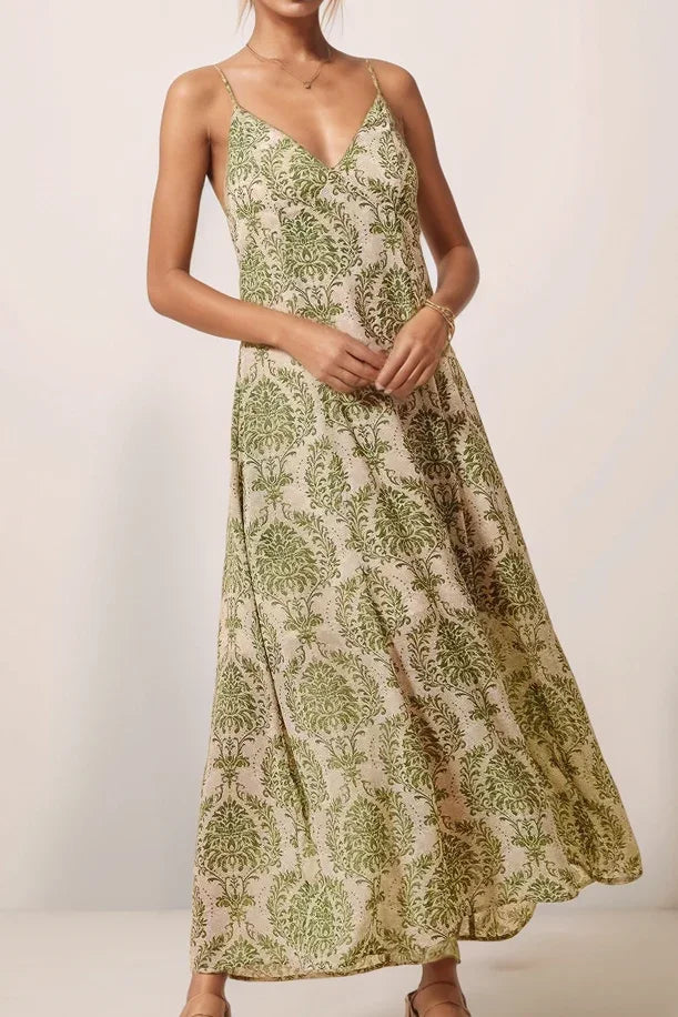 Front view of the SO ME green and cream damask floral maxi dress featuring a V-neckline and flowy A-line silhouette.