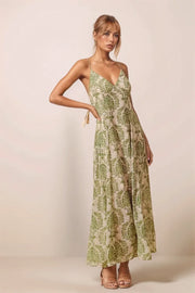 Front view of the SO ME green and cream damask floral maxi dress featuring a V-neckline and flowy A-line silhouette.