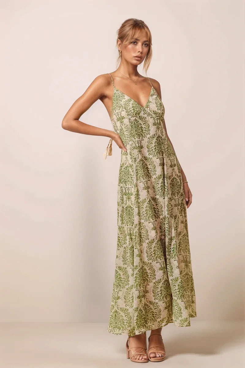 Front view of the SO ME green and cream damask floral maxi dress featuring a V-neckline and flowy A-line silhouette.