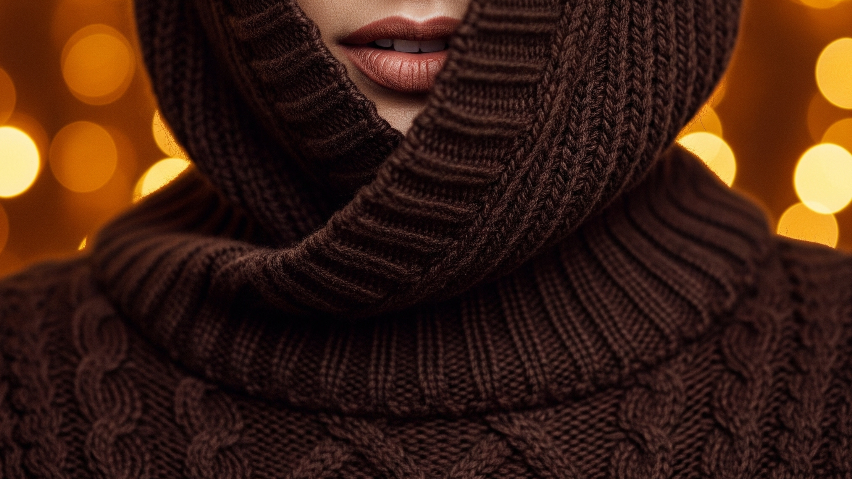 Close-up of a person wearing a brown knitted sweater with a blurred warm light background