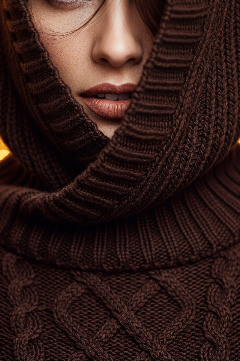 Close-up of a person wearing a brown knitted sweater with a focus on the texture.