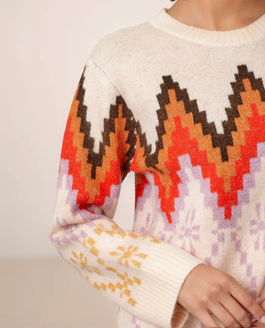 Close-up of a sweater with a colorful geometric pattern on a plain background