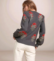 Person wearing a gray sweater with floral patterns on a plain background