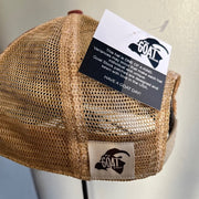 Beige mesh cap with a brand tag on a neutral background