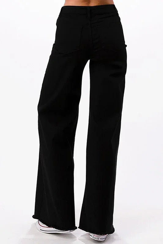 Black wide-leg pants on a white background
