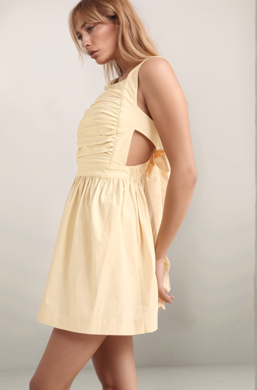 Maeve mini dress, in the color oat, side view showing ruched bodice, side cutout, and flattering A-line silhouette