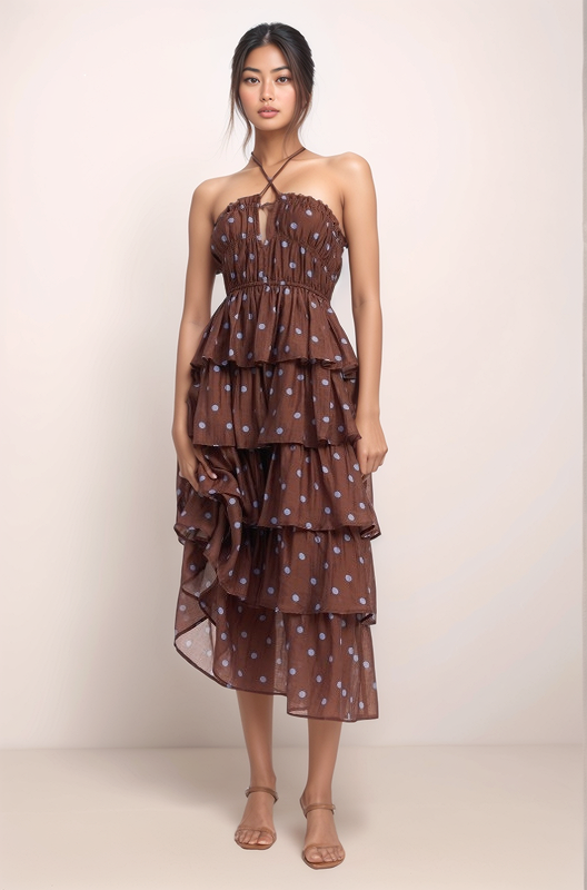 Front view of the Maren brown polka dot halter midi dress featuring a tiered ruffle skirt, cinched waist, and flowing chiffon silhouette.