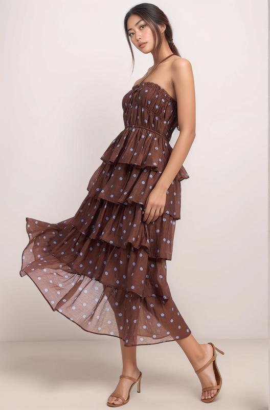 Angled movement shot of the Maren polka dot midi dress showcasing the cascading tiered layers and fluid lightweight fabric in motion.
