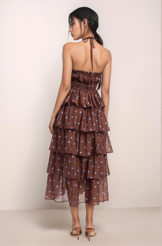 Back view of the Maren tiered ruffle midi dress showcasing the open back design and elasticized waist for a comfortable fit.