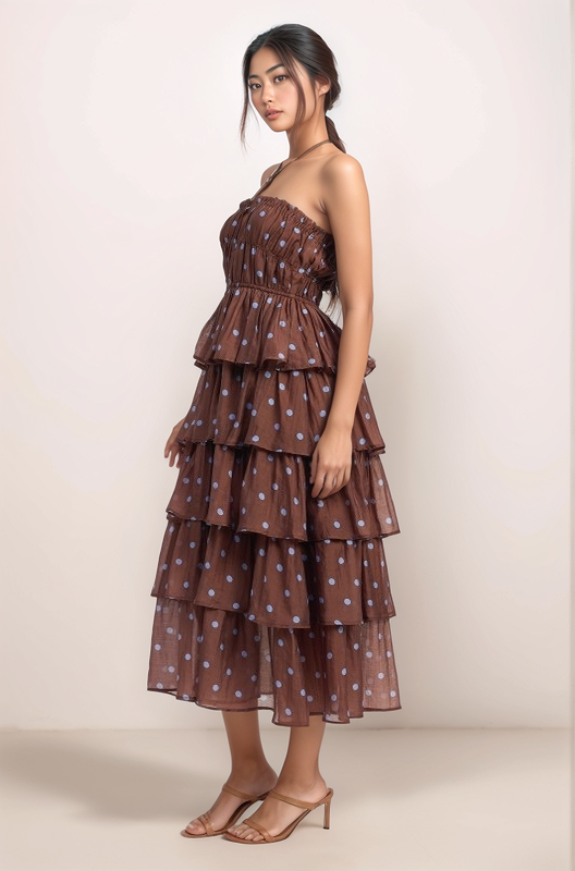 Angled front view of the Maren brown polka dot dress highlighting the halter neckline, layered skirt, and romantic silhouette.