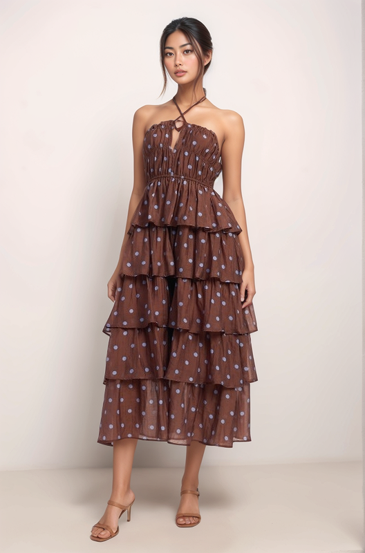Front view of the Maren brown with light blue polka dot halter midi dress featuring a tiered ruffle skirt, cinched waist, and flowing chiffon silhouette.