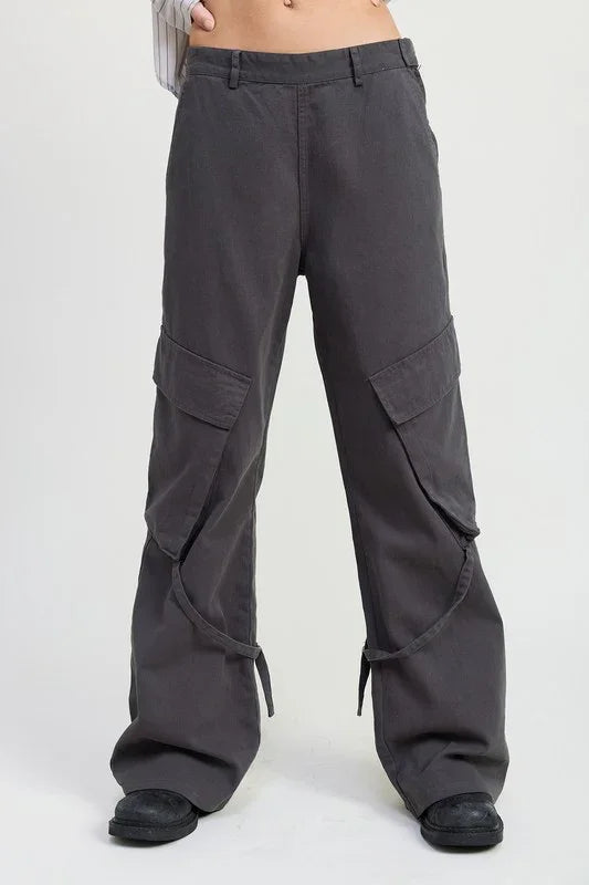 Dark gray cargo pants on a white background