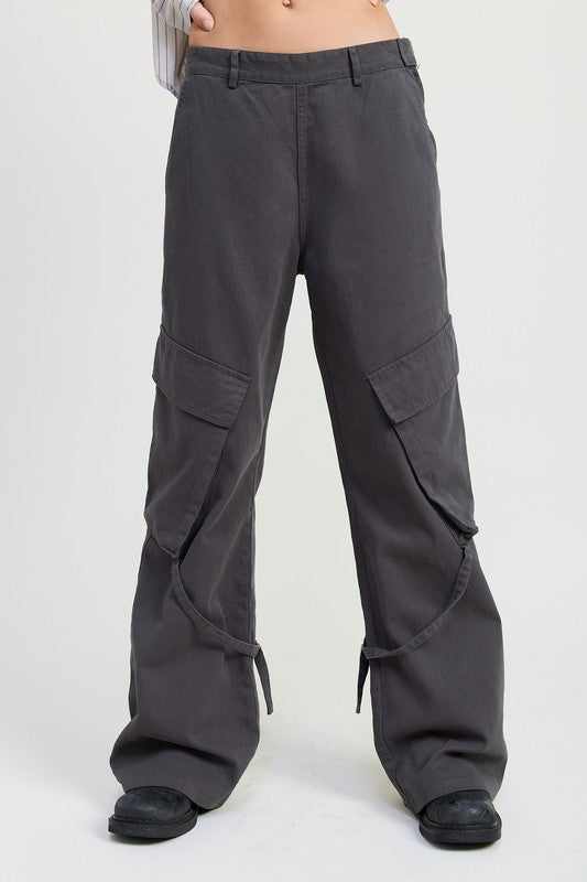 Dark gray cargo pants on a white background