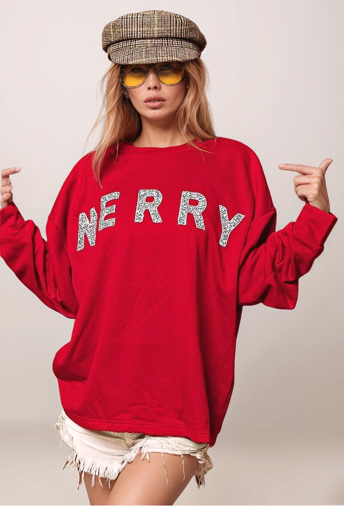 Person wearing a red sweatshirt with 'MERRY' text, sunglasses, and a cap on a plain background