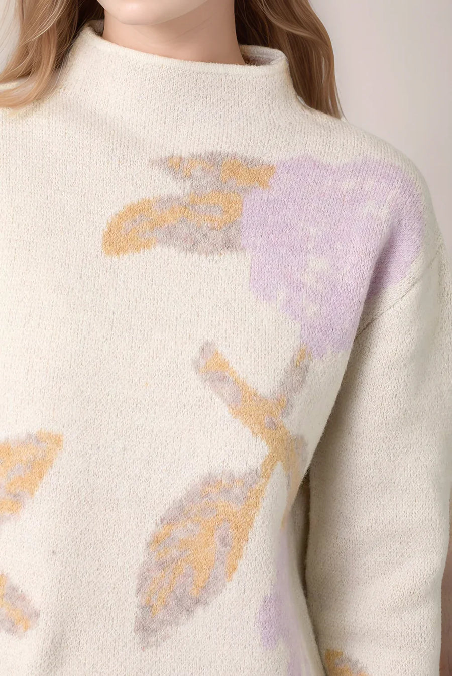 abstract floral sweater in cream, gold and pink
